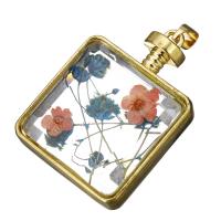 Stainless Steel Pendants, with Dried Flower & Glass, Square, gold color plated Approx 