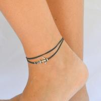 Zinc Alloy Anklet, with waxed cord, silver color plated, Double Layer & for woman, black Approx 8.2 Inch 