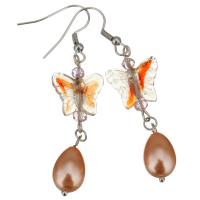 Stainless Steel Drop Earring, with Glass Beads & Lampwork, Butterfly, gold color plated, for woman, 61mm 