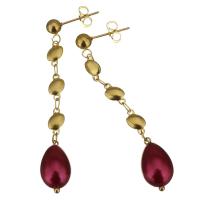 Stainless Steel Drop Earring, with Glass Beads, gold color plated, for woman, reddish-brown, 56mm 