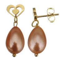 Stainless Steel Drop Earring, with Glass Beads, Heart, gold color plated, for woman, brown, 25mm 