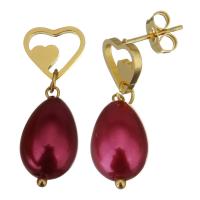 Stainless Steel Drop Earring, with Glass Beads, Heart, gold color plated, for woman, reddish-brown, 27mm 