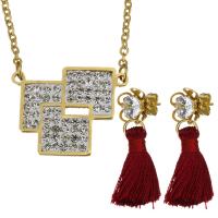 Rhinestone stainless steel Jewelry Set, earring & necklace, with Cotton Thread & Rhinestone Clay Pave Bead, gold color plated, oval chain & for woman & with rhinestone, deep coffee color 2mm Approx 22 Inch 
