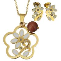 Rhinestone stainless steel Jewelry Set, Stud Earring & necklace, with Goldstone, Flower, gold color plated, oval chain & for woman & enamel & with rhinestone, white 2mm Approx 18 Inch 