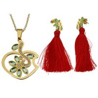 Rhinestone stainless steel Jewelry Set, earring & necklace, with Cotton Thread, Flower, gold color plated, oval chain & for woman & with rhinestone, green 2mm Approx 19 Inch 