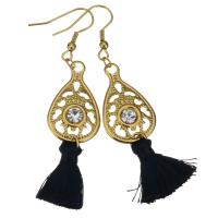Stainless Steel Tassel Earring, with Cotton Thread, gold color plated, for woman & with rhinestone, black, 68mm 