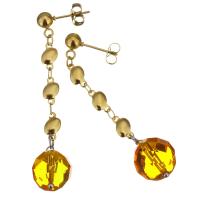 Stainless Steel Drop Earring, with Glass Beads, gold color plated, for woman, yellow, 56mm 