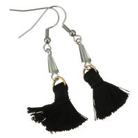 Stainless Steel Tassel Earring, with Cotton Thread & Glass Beads, plated, for woman, black, 54mm 