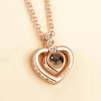 Brass Miniature Projection Necklace, with Glass, Heart, plated, oval chain & for woman & with rhinestone Approx 17.5 Inch 