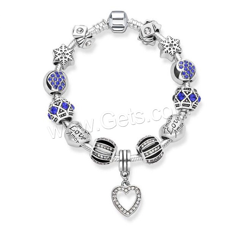 Zinc Alloy European Bracelets, Heart, antique silver color plated, different length for choice & for woman & with rhinestone, more colors for choice, Sold By Strand