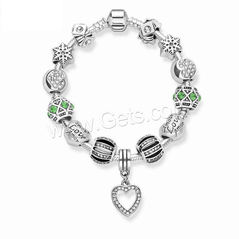 Zinc Alloy European Bracelets, Heart, antique silver color plated, different length for choice & for woman & with rhinestone, more colors for choice, Sold By Strand