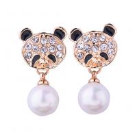 Zinc Alloy Rhinestone Drop Earring, with Glass Pearl, Panda, rose gold color plated, for woman & with rhinestone 