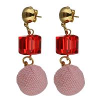 Stainless Steel Drop Earring, with Cotton & Crystal, gold color plated, for woman & faceted, red, 51mm 