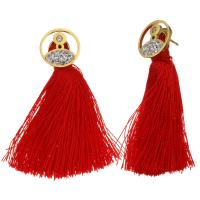 Stainless Steel Tassel Earring, with Cotton Thread & Rhinestone Clay Pave, gold color plated, for woman, red 