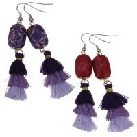 Stainless Steel Tassel Earring, with Cotton Thread & Impression Jasper, plated, for woman 80mm 