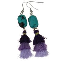 Stainless Steel Tassel Earring, with Cotton Thread & Synthetic Turquoise, plated, for woman, purple, 75mm 