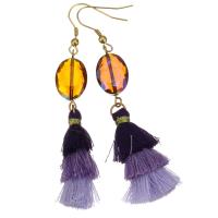 Stainless Steel Tassel Earring, with Cotton Thread & Glass Beads, gold color plated, for woman, purple, 81mm 