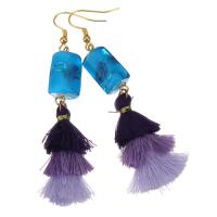 Stainless Steel Tassel Earring, with Cotton Thread & Lampwork, gold color plated, for woman, purple, 76mm 