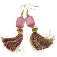 Stainless Steel Tassel Earring, with Cotton Thread & Cats Eye, gold color plated, for woman, multi-colored, 73mm 