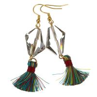 Stainless Steel Tassel Earring, with Cotton Thread & Glass Beads, gold color plated, for woman, multi-colored, 67mm 