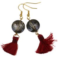 Stainless Steel Tassel Earring, with Cotton Thread & Glass Beads, gold color plated, for woman, red, 58mm 