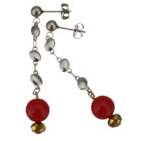 Stainless Steel Drop Earring, with Glass Beads & Glass Pearl, plated, for woman, red, 56mm 