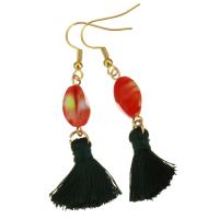 Stainless Steel Tassel Earring, with Cotton Thread & Lampwork, gold color plated, for woman, black, 60mm 