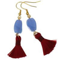 Stainless Steel Tassel Earring, with Cotton Thread & Lampwork, gold color plated, for woman, blue, 60mm 