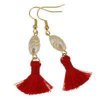 Stainless Steel Tassel Earring, with Cotton Thread & Resin, gold color plated, for woman, red, 60mm 