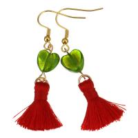 Stainless Steel Tassel Earring, with Cotton Thread & Lampwork, Heart, gold color plated, for woman, red, 56mm 