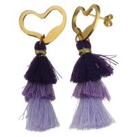 Stainless Steel Tassel Earring, with Cotton Thread, Heart, gold color plated, for woman, purple 
