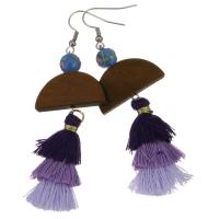 Stainless Steel Tassel Earring, with Cotton Thread & Lampwork & Wood, plated, for woman, purple, 81mm 