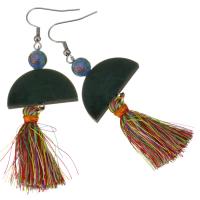 Stainless Steel Tassel Earring, with Cotton Thread & Lampwork & Wood, plated, for woman, multi-colored, 77mm 