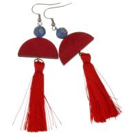 Stainless Steel Tassel Earring, with Cotton Thread & Lampwork & Wood, plated, for woman, red, 93mm 