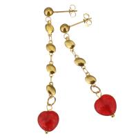 Stainless Steel Drop Earring, with Dyed Jade, gold color plated, for woman, red, 54mm 65mm 