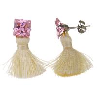 Stainless Steel Tassel Earring, with Cotton Thread & Crystal, plated, for woman & faceted, pink 