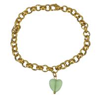 Stainless Steel Charm Bracelet, with Glass, Heart, gold color plated, rolo chain & for woman, green 6mm Approx 7 Inch 