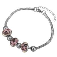 Stainless Steel  European Bracelets, with Lampwork, with 2lnch extender chain, Flower, snake chain & for woman, original color 3mm Approx 8 Inch 