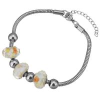 Stainless Steel  European Bracelets, with Lampwork, with 2lnch extender chain, snake chain & for woman, original color 3mm Approx 8 Inch 
