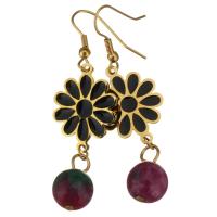 Stainless Steel Drop Earring, with Dyed Jade, Flower, gold color plated, for woman & enamel, black, 55mm 