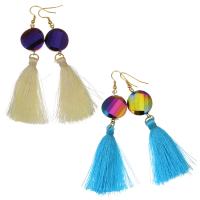 Stainless Steel Tassel Earring, with Cotton Thread & Crystal, gold color plated, for woman & faceted 92mm 