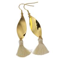 Stainless Steel Tassel Earring, with Cotton Thread, gold color plated, for woman, beige, 70mm 
