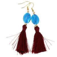 Stainless Steel Tassel Earring, with Cotton Thread & Lampwork, gold color plated, for woman, blue, 82mm 