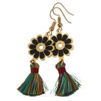 Stainless Steel Tassel Earring, with Cotton Thread, Flower, gold color plated, for woman & enamel, multi-colored, 63mm 