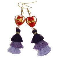 Stainless Steel Tassel Earring, with Cotton Thread & Lampwork, Heart, gold color plated, for woman & enamel, purple, 77mm 