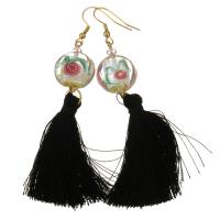 Stainless Steel Tassel Earring, with Cotton Thread & Lampwork, gold color plated, for woman, black, 89mm 