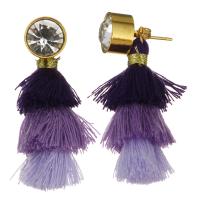 Stainless Steel Tassel Earring, with Cotton Thread, gold color plated, for woman & with rhinestone, purple 