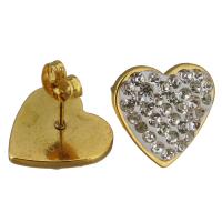 Stainless Steel Stud Earring, with Rhinestone Clay Pave, Heart, gold color plated, for woman 