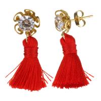 Stainless Steel Tassel Earring, with Cotton Thread, gold color plated, micro pave cubic zirconia & for woman, red 