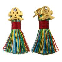 Stainless Steel Tassel Earring, with Cotton Thread, Skull, gold color plated, for woman & with rhinestone, multi-colored 